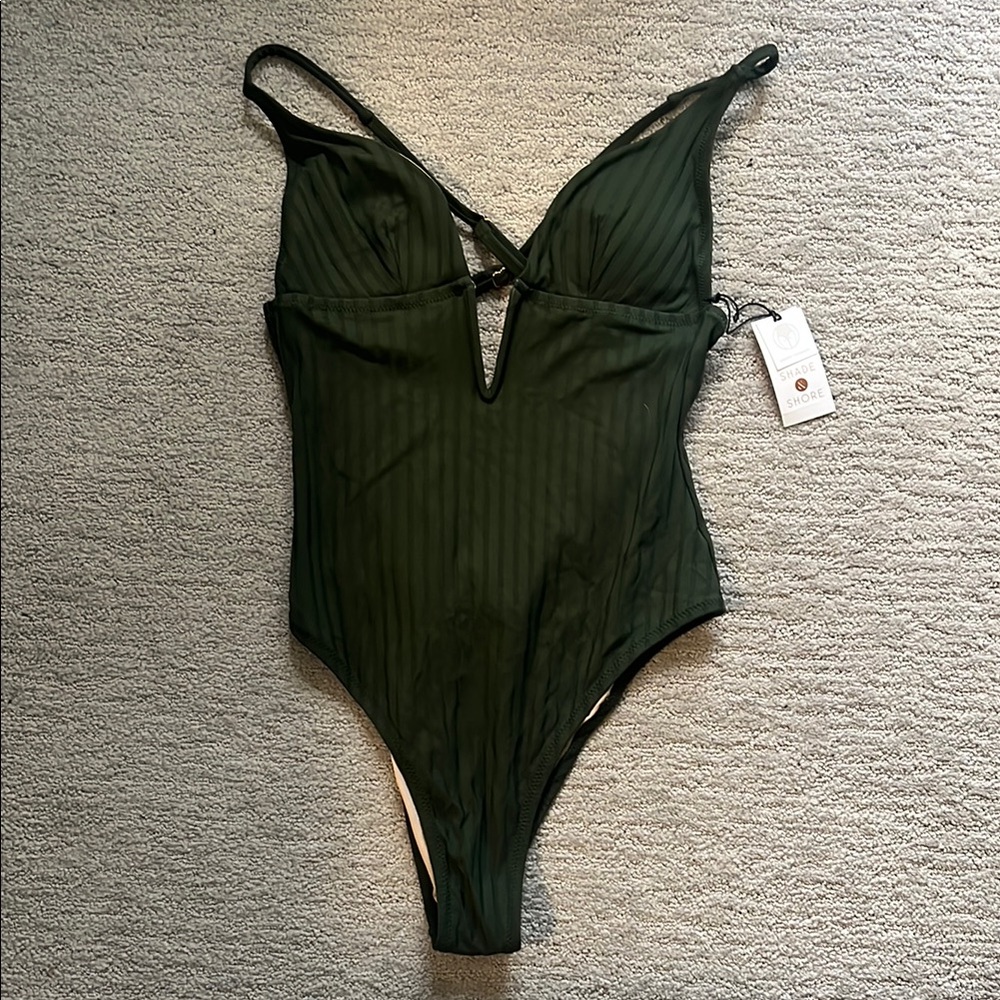 Dark Green Striped Swimsuit